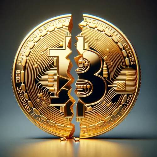 Moneta di bitcoin Spezzata in due. Simboleggia l'halving del 15 aprile 2024