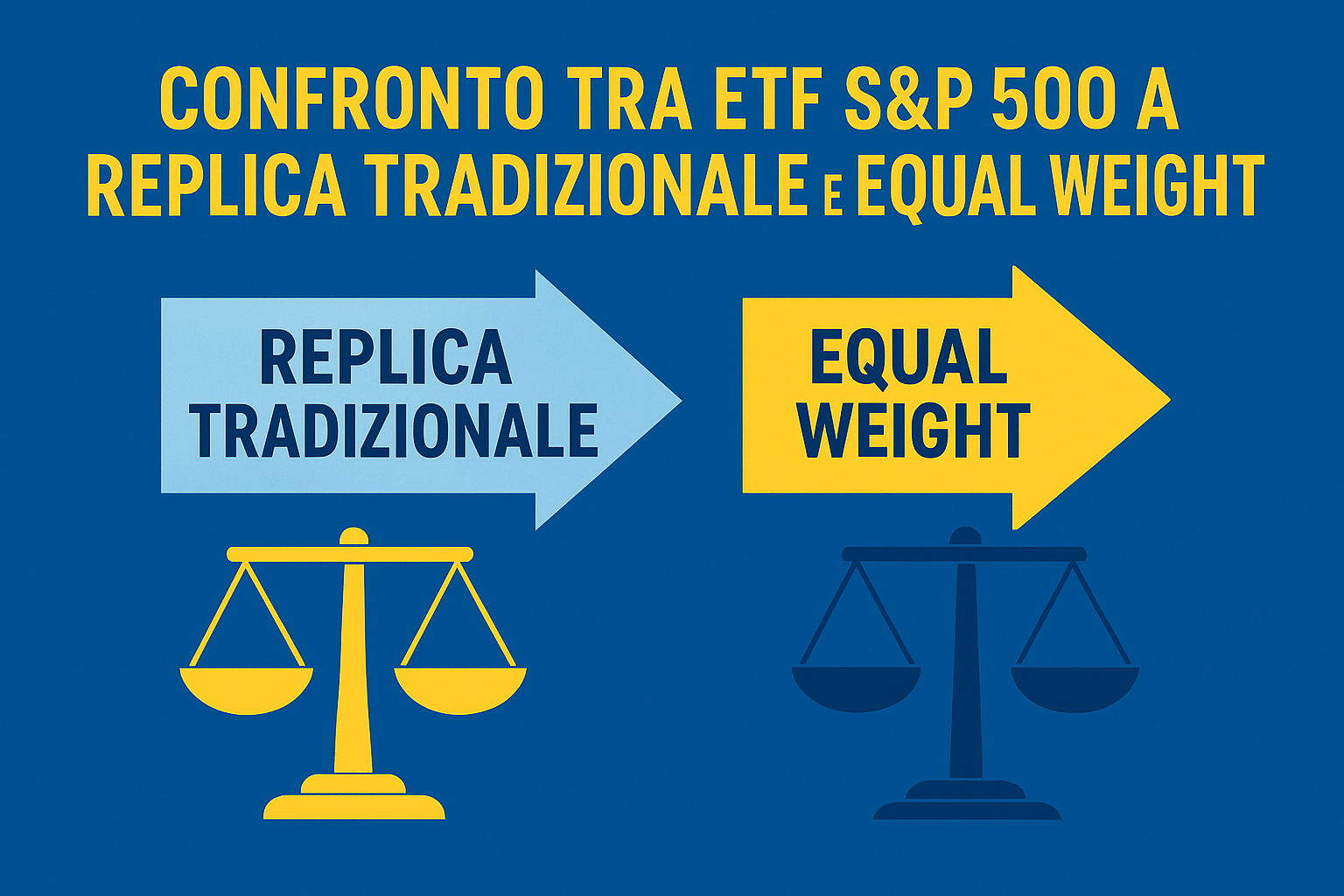 Copertina in stile Premium sul confronto tra ETF S&P 500 a replica tradizionale ed equal weight, con frecce blu e gialle e bilance che rappresentano le due strategie.