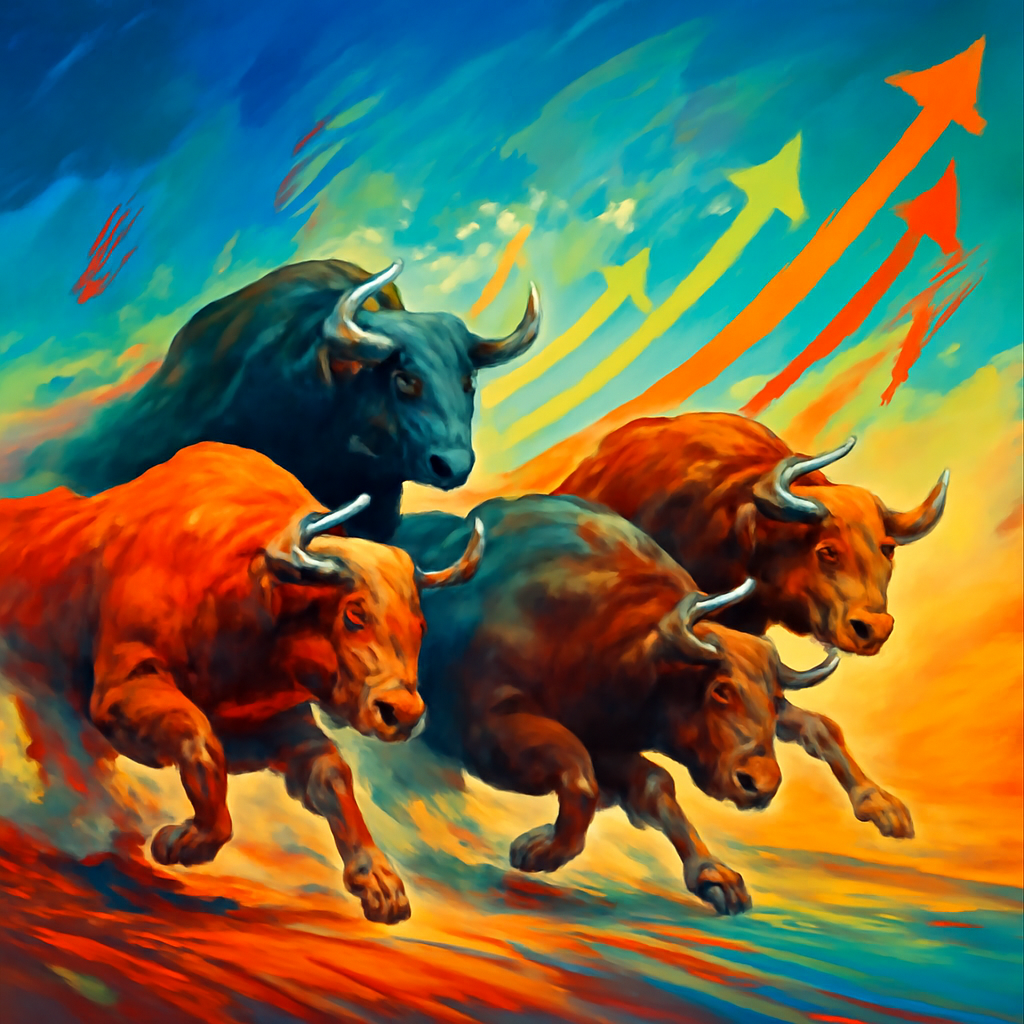 "Illustrazione dinamica con quattro tori che corrono, simbolo dei mercati americani S&P 500, Nasdaq, Dow Jones e Russell 2000 in bull run con frecce verso l’alto."
