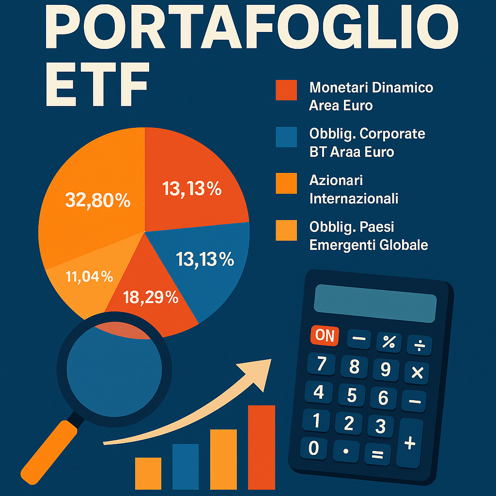 Grafico a torta che illustra la composizione del Portafoglio ETF IV, suddiviso tra azionario, obbligazionario e monetario, con calcolatrice e icone finanziarie.