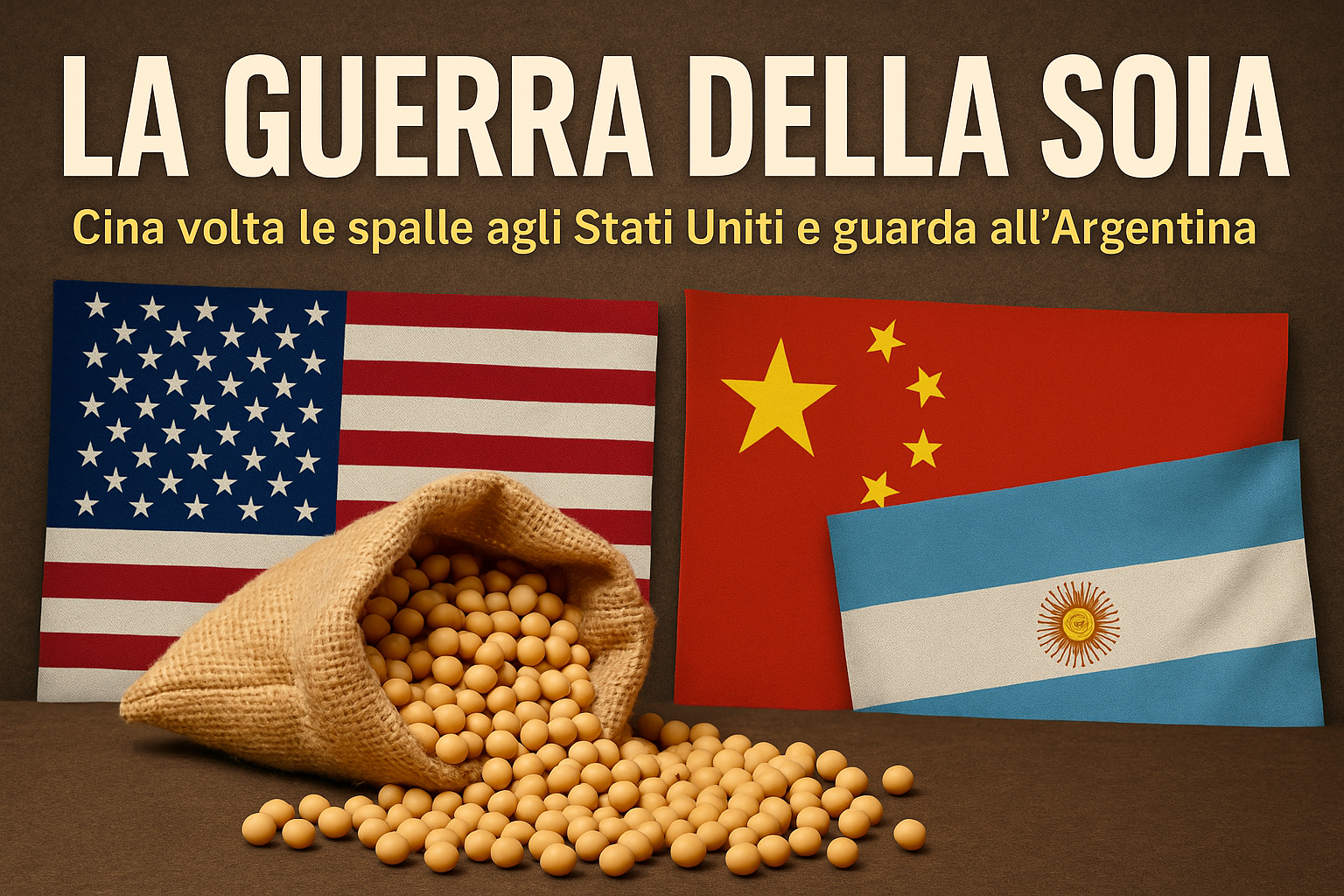 Un sacco di soia rovesciato davanti alle bandiere di Stati Uniti, Cina e Argentina con il titolo La guerra della soia: la Cina riduce gli acquisti dagli USA e aumenta quelli dall’Argentina.