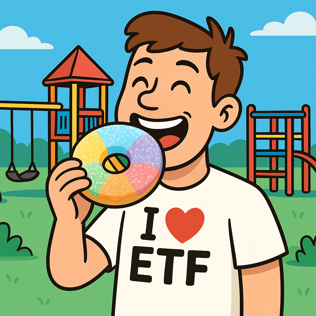 Giovane uomo sorridente che mangia una ciambella colorata a forma di grafico ETF, indossando una maglietta con la scritta “I ❤️ ETF” in un parco giochi. Rappresenta in modo allegro la diversificazione di un portafoglio ETF nel 2025.