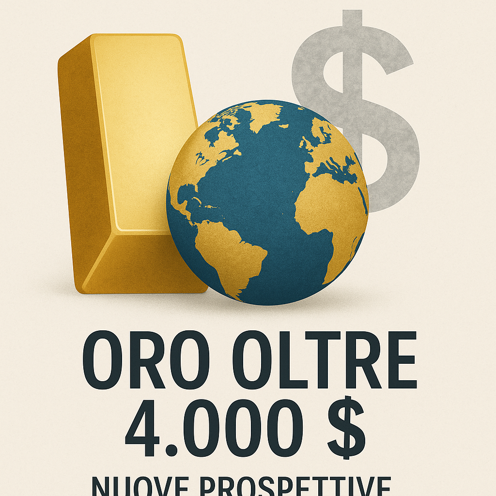 Lingotto d’oro riflettente con il globo terrestre inciso e il simbolo del dollaro che si dissolve, rappresentazione del record dell’oro oltre 4.000 dollari l’oncia nel 2025.