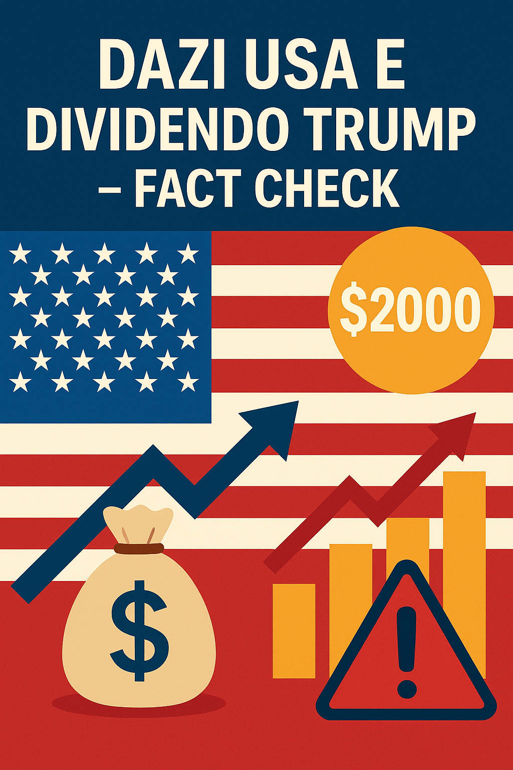 Infografica sui dazi USA e sul dividendo da 2.000 dollari proposto da Donald Trump, con simboli economici, grafici in crescita e bandiera americana.