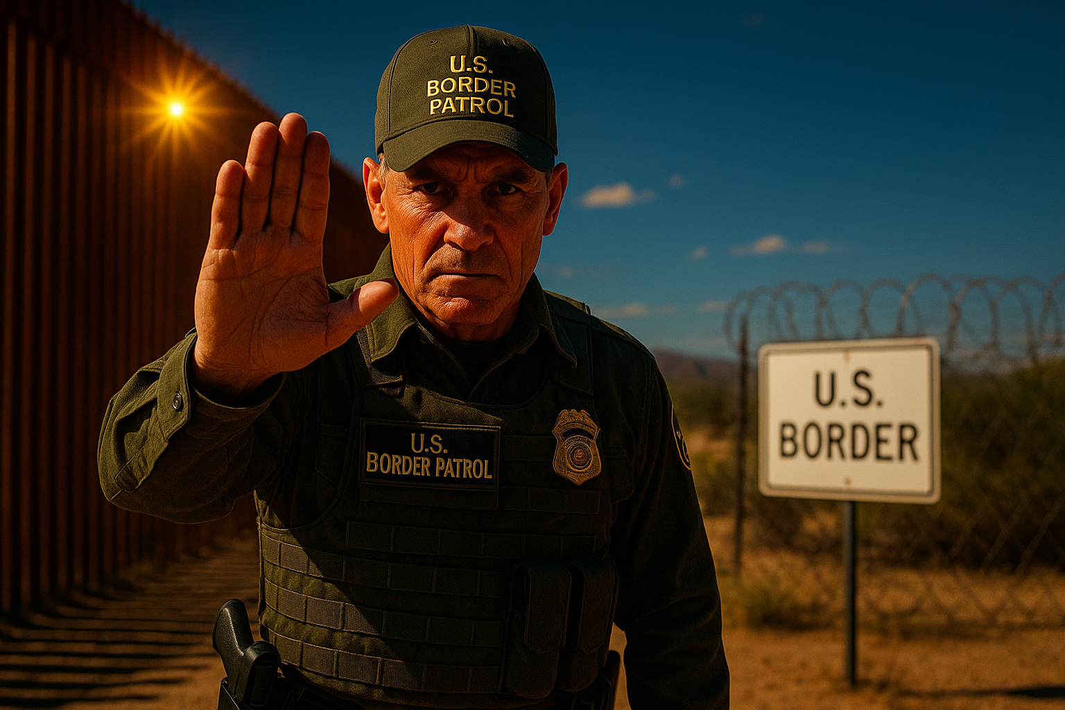 Un agente della polizia di frontiera statunitense con espressione severa alza la mano in segno di stop davanti al confine USA-Messico, con il muro e filo spinato sullo sfondo.