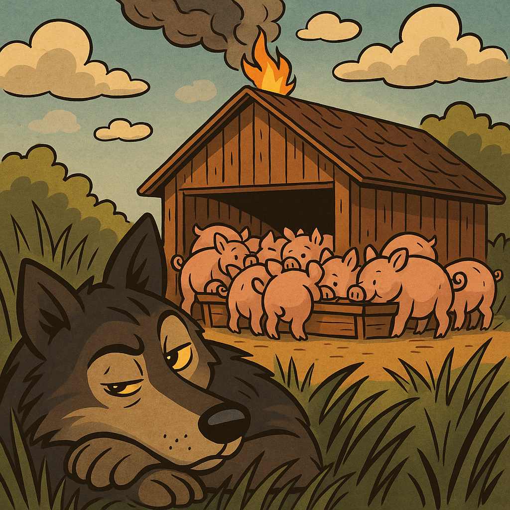 Illustrazione con un lupo tranquillo che osserva una stalla in fiamme mentre dei maialini continuano a mangiare senza accorgersi del pericolo, simbolo degli investitori FOMO rispetto a chi attende.